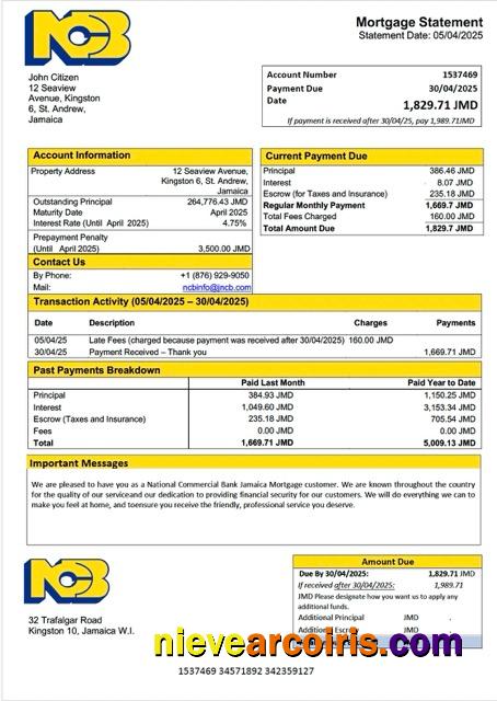 Jamaica National Commercial Bank Jamaica Limited (NCB) mortgage statement Word and PDF template